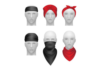 Bandanas set. Stylish clothes for bikers and gangsters mannequin head