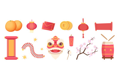 Asian festive elements. Dragon mask, fireworks, drum and scrolls, pape