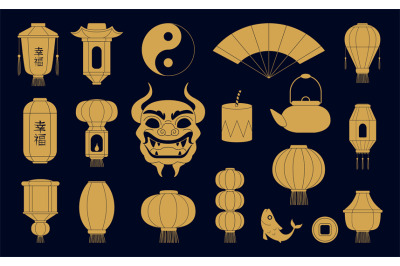 Asian symbols silhouettes. Chinese golden paper lanterns mask of drago