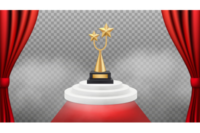 Award background. Golden trophy on white podium and red carpet and cur