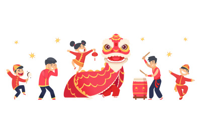 Chinese characters. Asian festive New Year cute boys and girls. Isolat