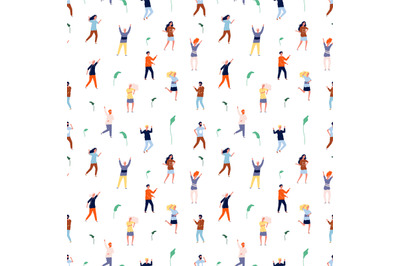 Dancing people seamless pattern. Tiny persons, happy women and men vec