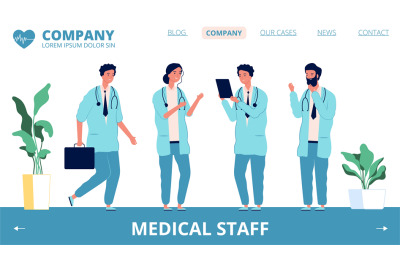 Hospital landing page. Medical staff vector characters. Different doct