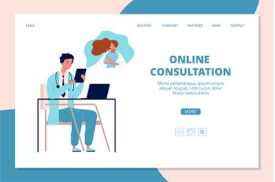 Online doctor landing page. Internet treatment&2C; medicine help vector w