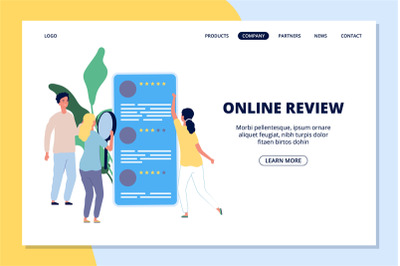 Online review landing page. People giving feedback, social network sma