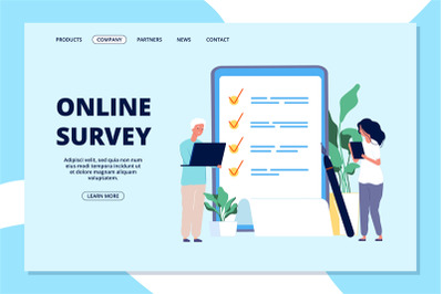 Online survey landing page. Choice list, quality questionnaire. People