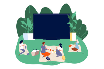 Open air cinema. Outdoors movie illustration. Teenagers with snacks an