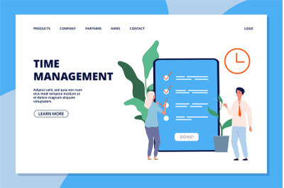 Time management landing page. Woman and business consultant, to do lis