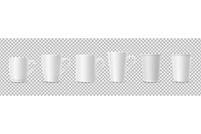 White cups. Realistic 3D cup mockups isolated on transparent backgroun