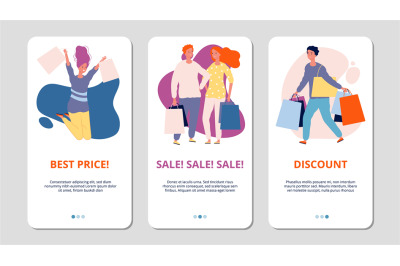 Sale mobile pages. Discount and special price app vector banners with