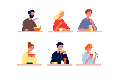 People eating. Hungry characters with different food vector person eat