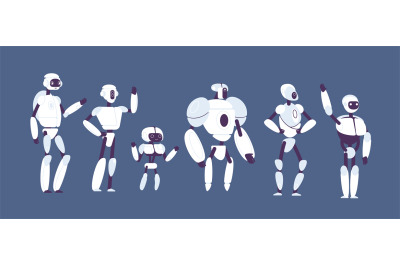 Robots cartoon. Various androids models vector futuristic characters i