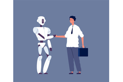 Robot handshaking. Businessman meeting with futuristic android charact