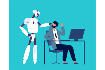 Android and human. Robot kick away business person from office workspa