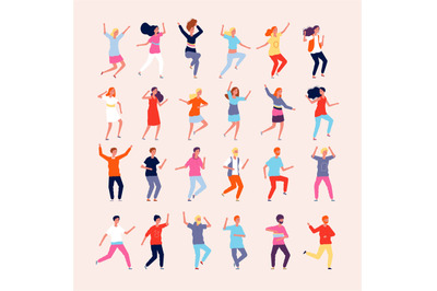 Dancing people. Happy characters male and female dancers vector flat p