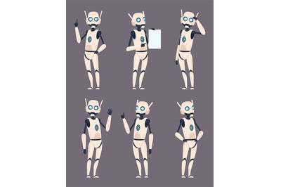 Android characters. Cyborg in different poses standing pointing humano