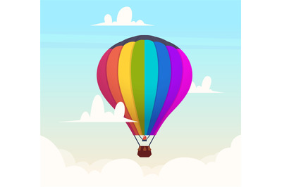 Hot air balloon in sky. Romantic flight in clouds outdoor travel symbo