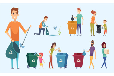 Recycling garbage. People sorting waste protect environment garbage se