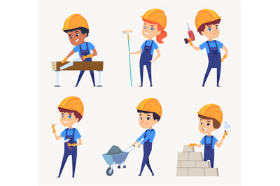 Kids builders. Childrens job in helmet little constructors vector char