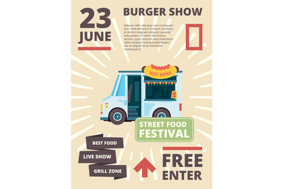 Food truck poster. Delivering products festival invite cars with cousi