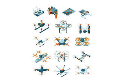 Drones isometric. Aircraft future modern technologies transport unmann