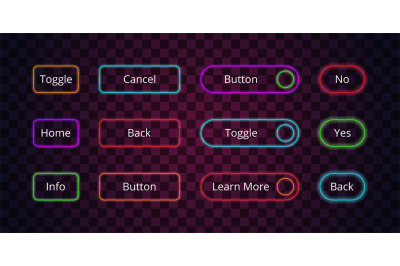 Neon buttons. Glow web entering click lighting buttons digital badges