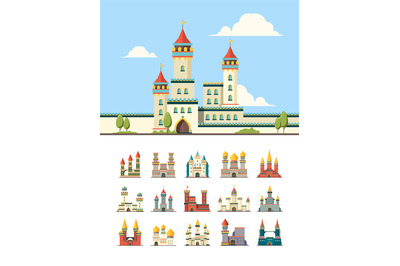 Medieval castles. Old palazzo building hill towers vector flat illustr