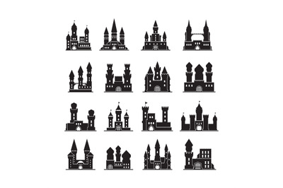 Castle silhouettes. Medieval fortress ancient towers vector flat build