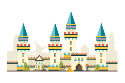 Castle with towers. Horizontal brick wall from castle with big wooden