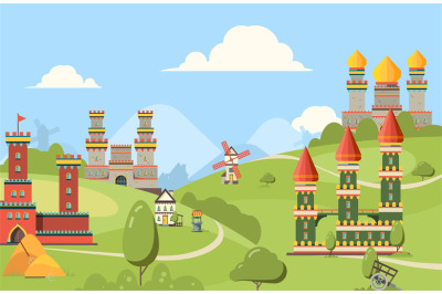 Medieval buildings. Horizontal background of kingdom castles buildings