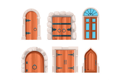 Ancient doors. Wooden stone medieval and old building doors and gates