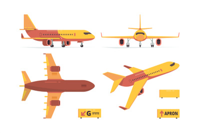 Aircraft flat. Civil aviation planes different views fly symbols vecto