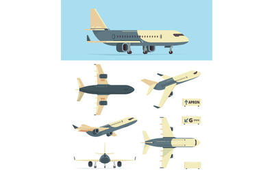 Civil aviation plane. Model of different airplanes views aircraft vect