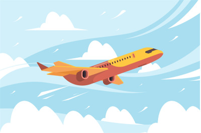 Airplane in sky. Flying civil aircraft transport in clouds vector flat