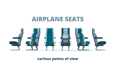 Airplane seat. Aircraft interior armchairs in different side view vect