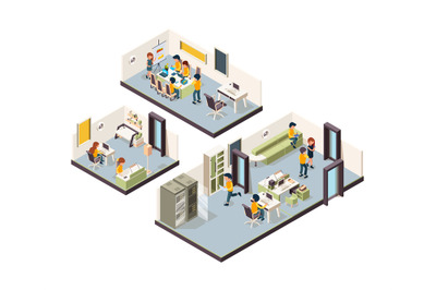 Coworking isometric. Corporate office interior open space creativity m