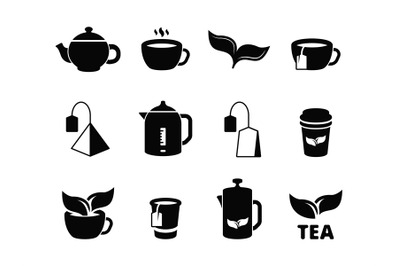 Black tea icons. Brewing herbal hot drinks iced and leaves vector pict