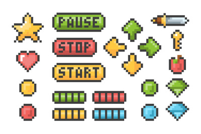 Pixel buttons. Retro video games trophy pictogram menu bars ui element