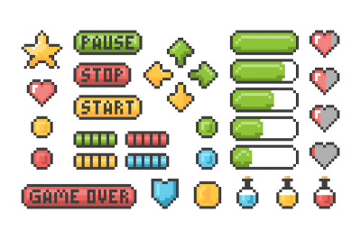 Pixel game icon. Ui web bars and buttons for 8 bit console vector retr