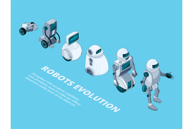 Robots evolution. Androids digital metal characters isometric robotic