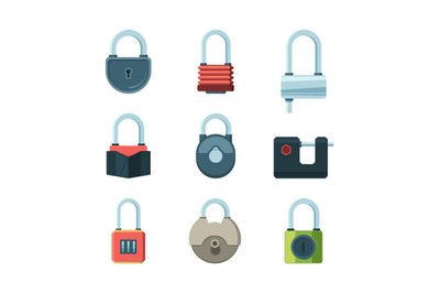 Mechanical lock. Padlock safety symbols vector flat pictures set