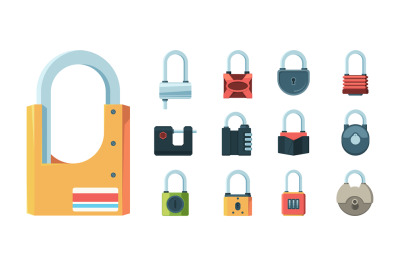 Lock set. Padlock key prison secret code door symbols vector flat illu