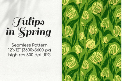 Seamless digital paper with spring tulip flowers on green
