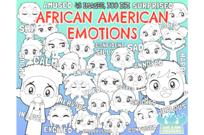 African American Kids Emotions Digital Stamps - Lime and Kiwi Designs