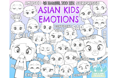 Asian Kids Emotions Clipart - Lime and Kiwi Designs