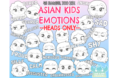 Asian Kids Emotions - Faces Digital Stamps - Lime and Kiwi Designs