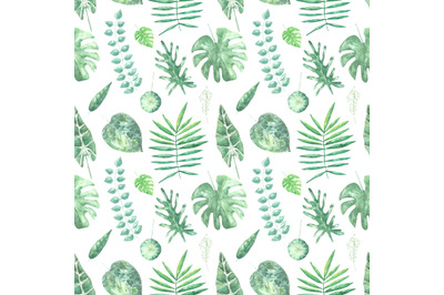 Tropical plants watercolor seamless pattern. Monstera. Beach