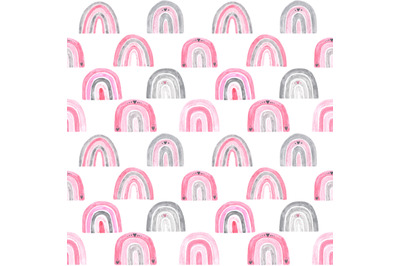 Rainbow watercolor seamless pattern. Pink, gray rainbows. Baby shower