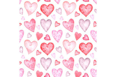 Hearts watercolor seamless pattern. Pink and red watercolor hearts