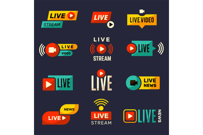 Live stream icon. News or movie broadcasting play tv badges collection